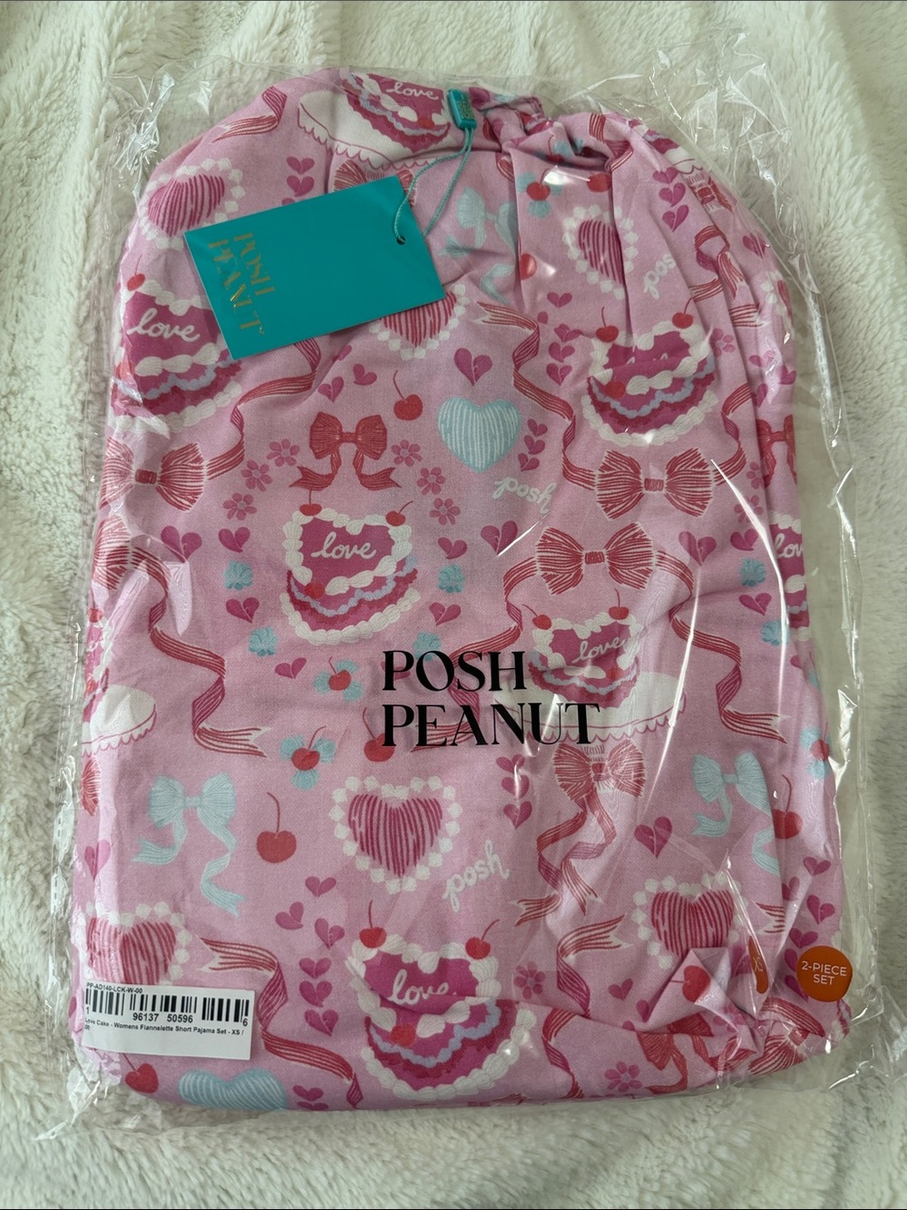 Posh Peanut Women’s Short PJ Set Love Cake - Flannelette Print Bows & Hearts XS